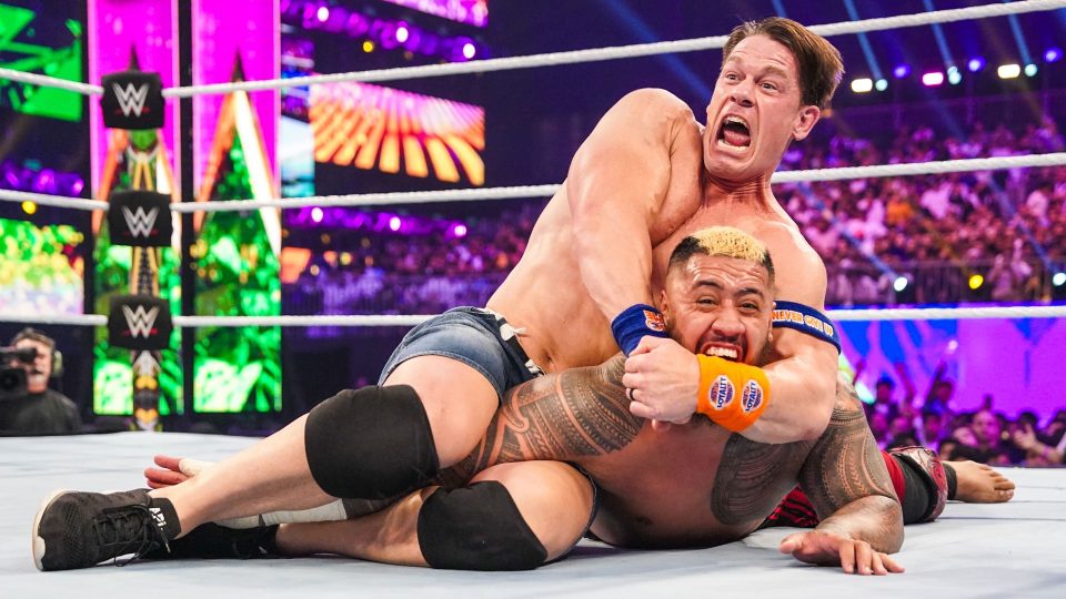 John Cena locking in the STF on Solo Sikoa at WWE Crown Jewel 2023