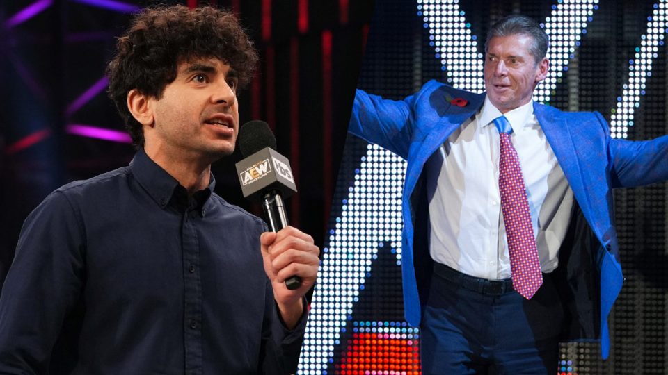 A split image of Vince McMahon dancing on a WWE stage and Tony Khan cutting a promo into an AEW microphone