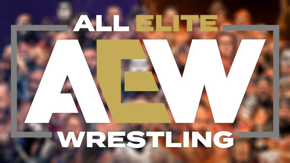 AEW Logo with a blurred out image of the AEW roster behind it.