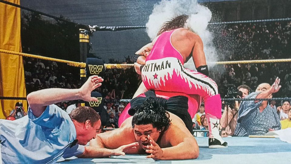 Mr. Fuji throws salt at Bret Hart, WrestleMania 9