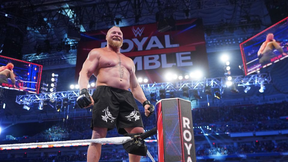 Brock Lesnar celebrates winning the 2022 Royal Rumble