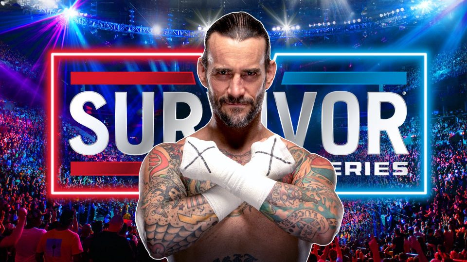 The 2023 WWE Survivor Series logo with CM Punk placed on top of the image.