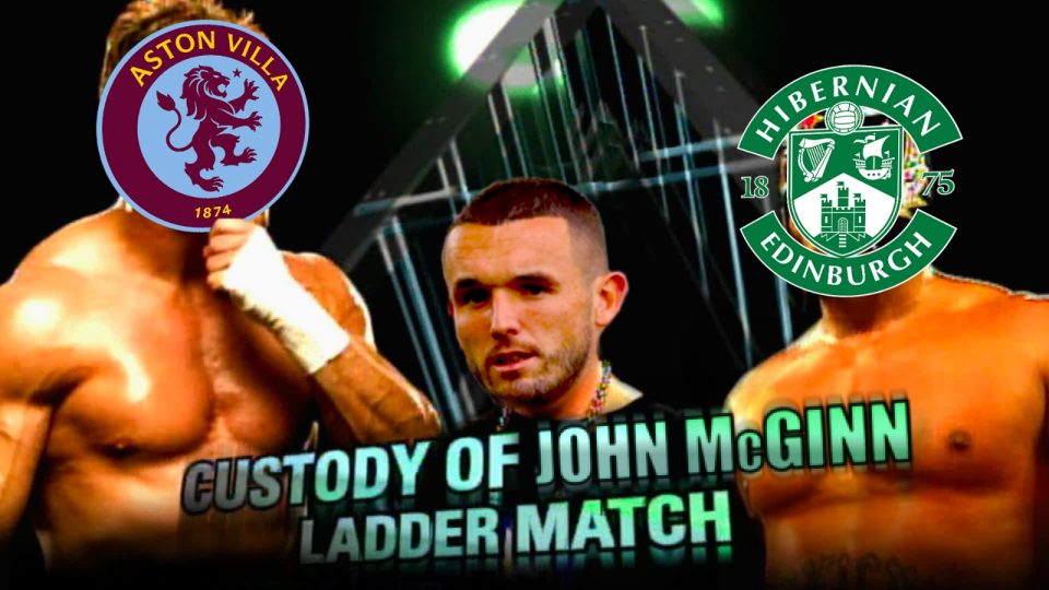 WWE Dominik Mysterio Ladder match graphic photoshopped to include Hibernian and Aston Villa badges alongside John McGinn