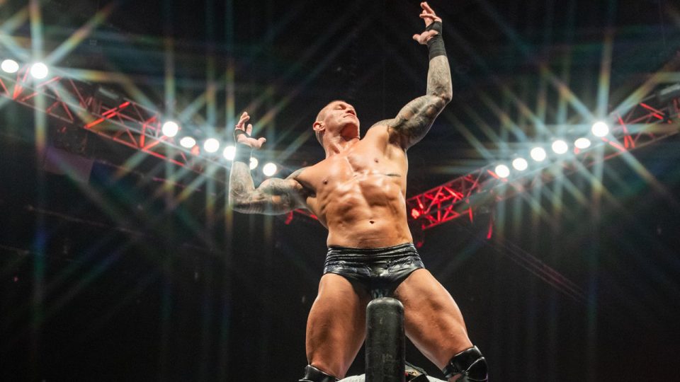 Randy Orton doing his signature pose during a WWE live event