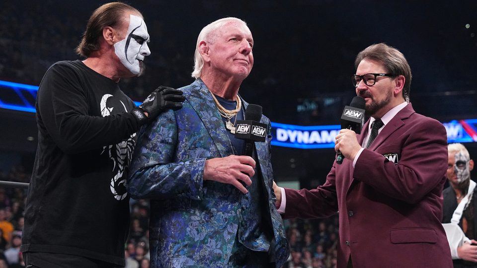 Sting (left), Ric Flair (middle) and Tony Schiavone (right) on AEW Dynamite