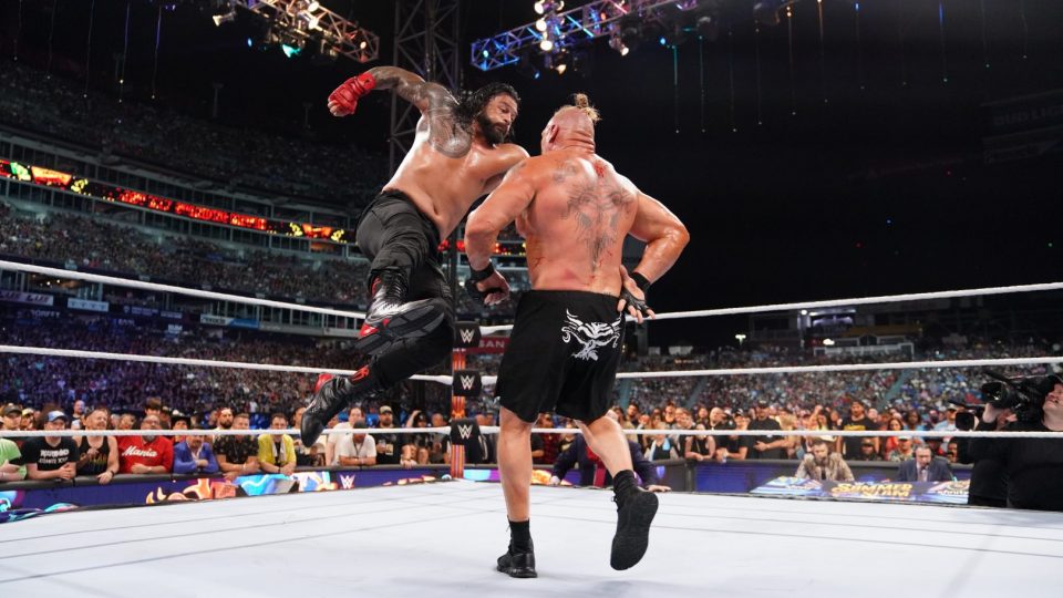 Roman Reigns executes a Superman Punch on Brock Lesnar at WWE SummerSlam 2022