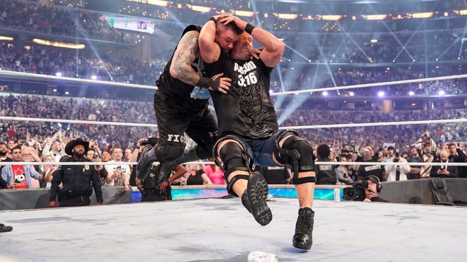 Steve Austin hits a Stunner on Kevin Owens at WrestleMania 38