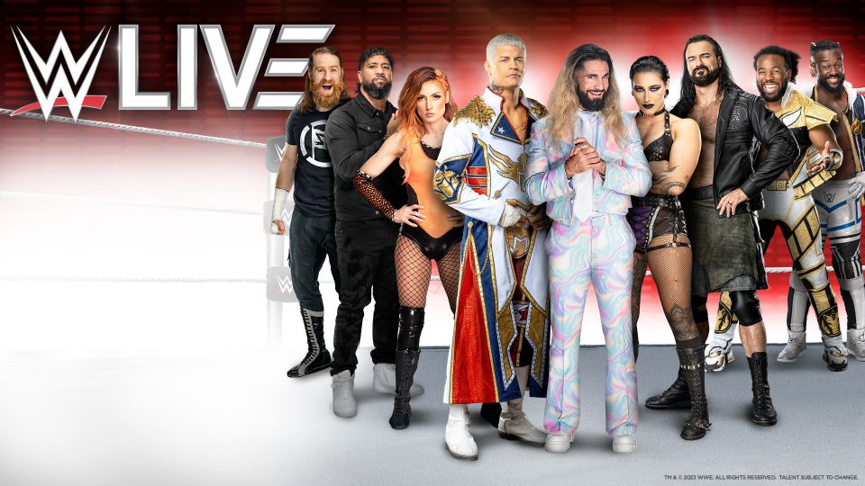 Promotional graphic for WWE Live United Kingdom Spring 2024 tour