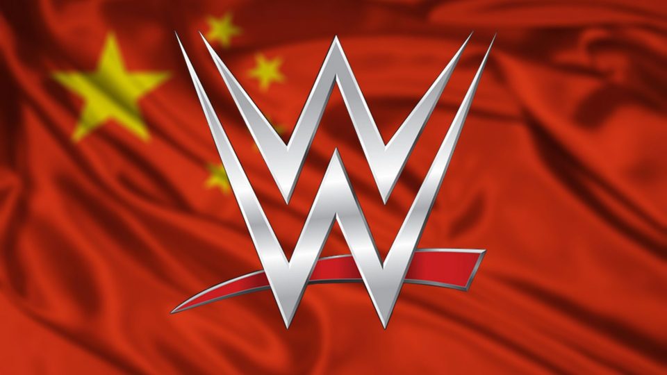The WWE logo over a blurred image of the China national flag.