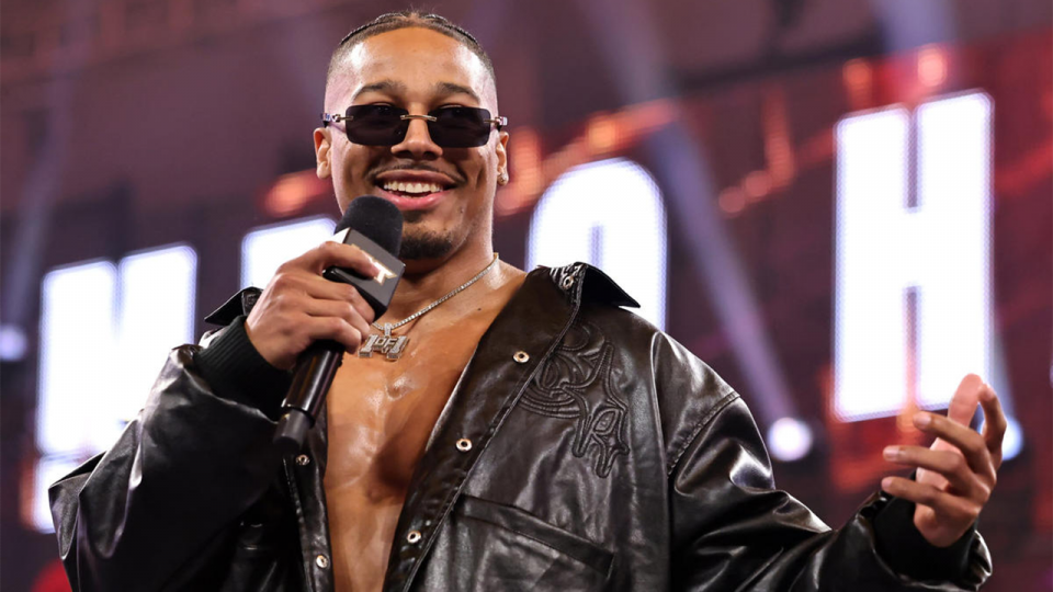 Carmelo Hayes cutting a promo in WWE NXT